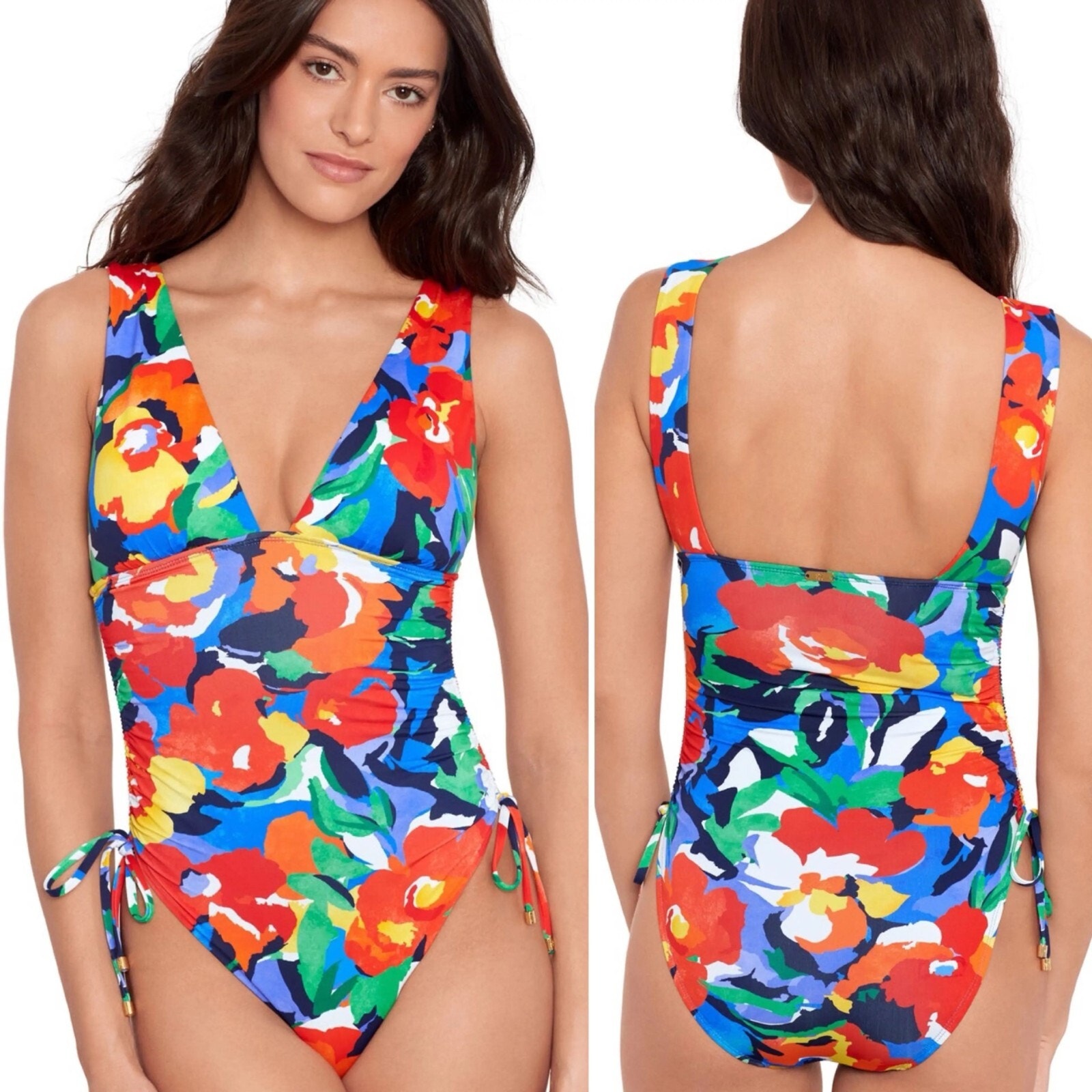 Lauren Ralph Lauren Floral Shirred Plunge One Piece Swimsuit Women’s 14 Nwt